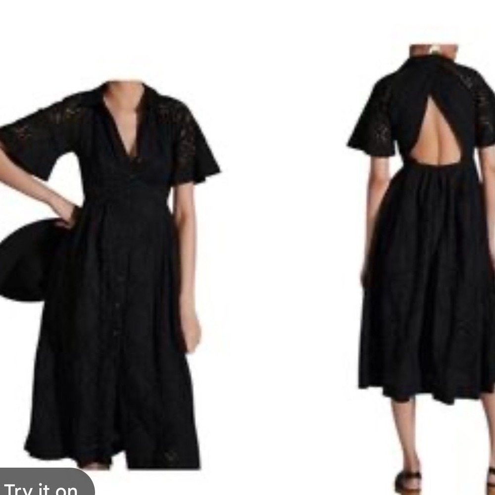 Maeve Anthropologie Lace Open Back Midi Dress Boho Eyelet LBD Womens 6 Black